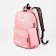 A backpack with a zipper, 3 outer pockets, pink color