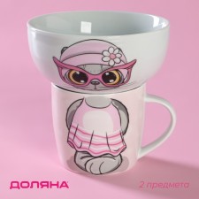 A set of children's utensils from ceramics of the Kotik share, 2 items: 230 ml mug, 400 ml bowl, white color