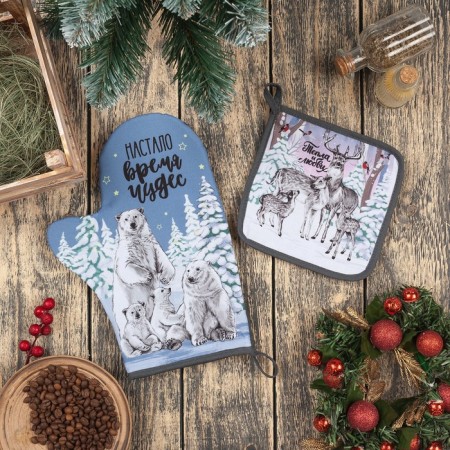 New Year's kitchen set "Miracles Time": mittens-output 20x28 cm, take 17x17 cm