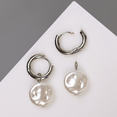 Earrings with the removable element "Transformer" pearl disk, white color in silver-1