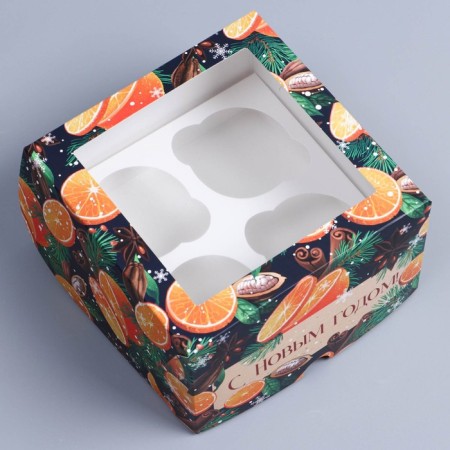 Folding box for 4 cupcakes with a “spice” window, 16 x 16 x 10 cm, New Year-2
