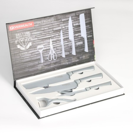 A set of BLADES kitchen supplies, 5 objects: 3 knives, vegetable vegetables, scissors in the kit, white color-4