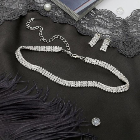 Set 2 objects: earrings, chocker "ice" three rows, white color in silver, 30 cm