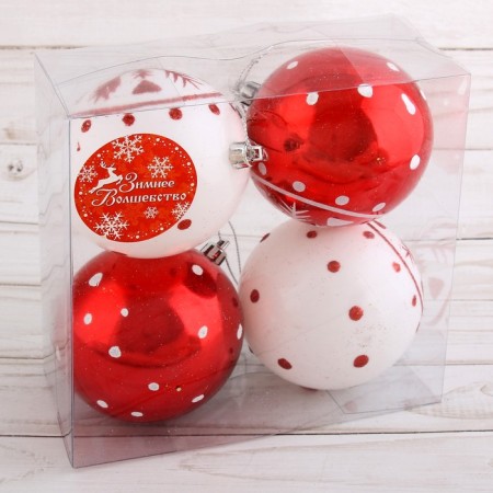 Set of balls plastic D-8 cm, 4 pcs "Snowflake" red-white-1