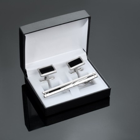 Set of male "Cufflink + tie clip" Rectangle with enamel, black-silver color