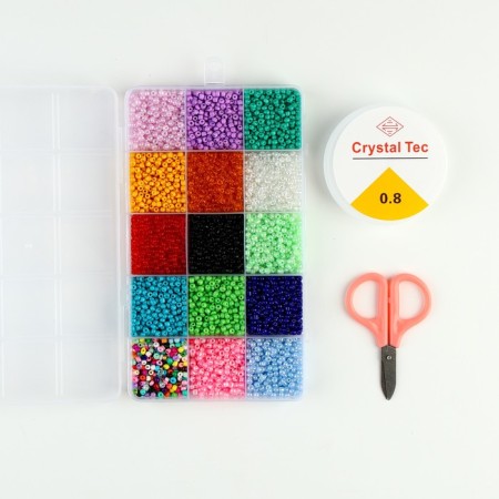 Set for creating jewelry, 15 colors, size 1 piece: 3 mm., Fishing line, scissors-1