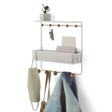 Wall shelf with hooks for accessories Estique, 310 × 320 × 100 mm, white / natural wood color-5