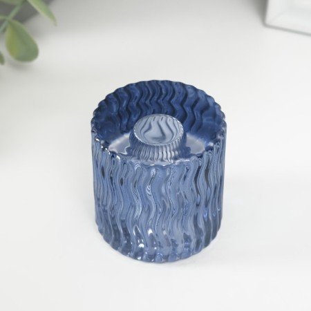 Glass of Glass for 1 candle "Cylinder. Wave" Blue D = 2 cm 4.8x4.8x5 cm-3