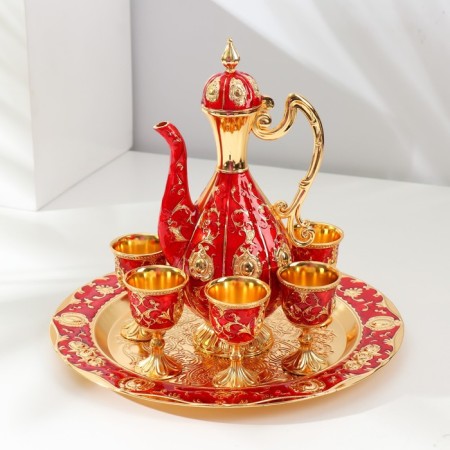 Set of wine jug, 6 glasses and tray "Türkiye. Medallion and patterns" red with gold