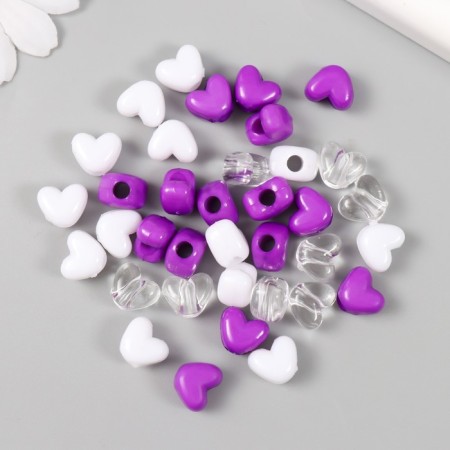 Plastic beads "Heart. Violet, white, transparent" set of 20 g 1.2x0.9x0.8 cm