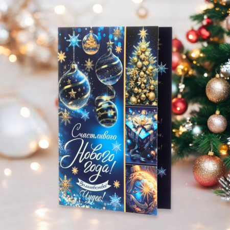 Postcard "Happy New Year!" Glitter, Congrev, blue background, 12.5 x 19.4 cm