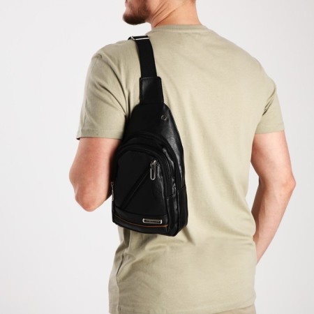 Male sling bag, artificial leather, headphone opening, black color