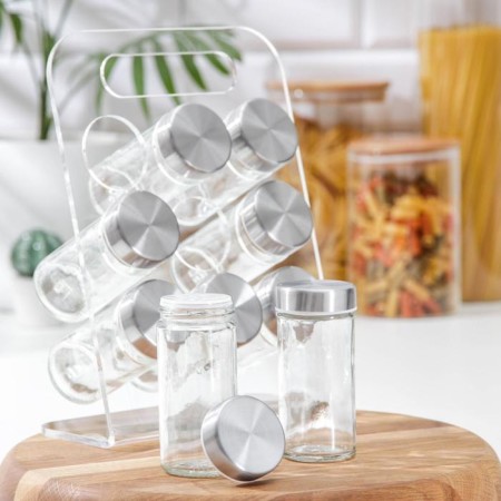 Set for glass spices on the high-tech stand, 19 × 16 cm, 90 ml, 4 × 9.5 cm, 9 pcs-1