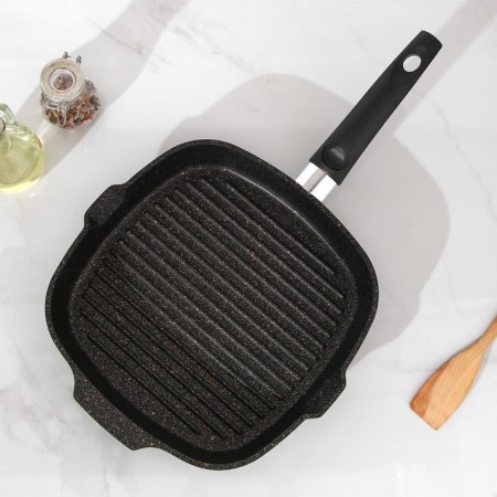 Square Square Granit Ultra, 28 × 28 cm, removable handle, glass cover, anti-stick coating, black color black-1