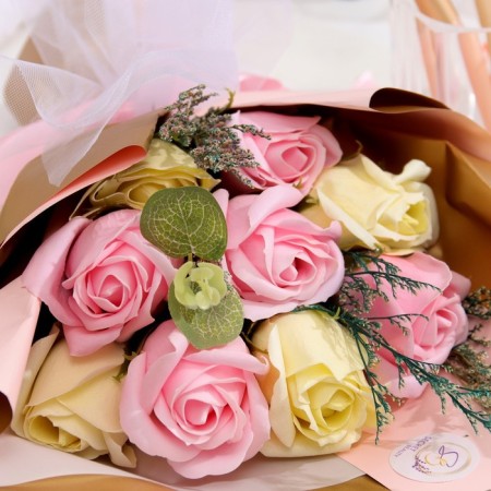 A premium bouquet of pink-yellow soap roses, 9 pcs-2