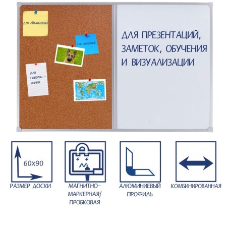 Combined board 60x90 cm, magnetic marker/cork, calligrata standard, in the aluminum frame