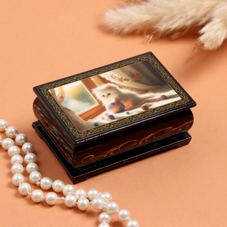 Casket "kitten", black, 6 × 9 cm, lacquer miniature