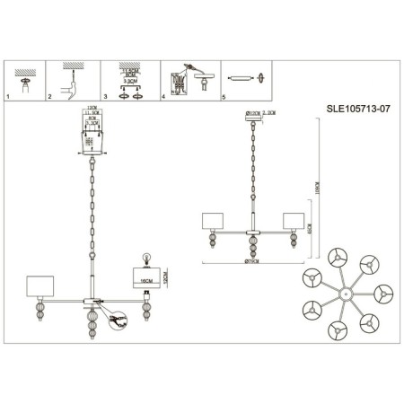 Suspended EVOLUCE lamp. Sle105713-07. Ramer. 7x40 watts, E14, 79x79x45 cm, brass color, transparent-5