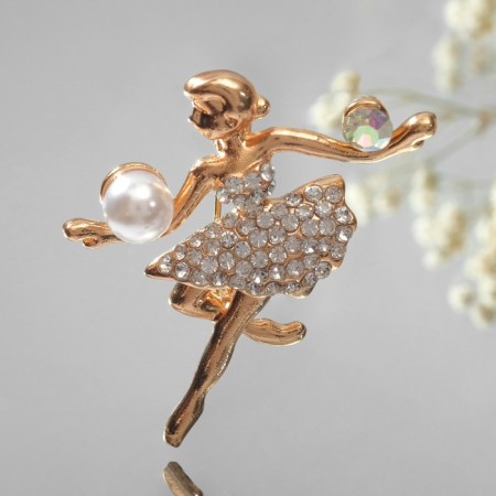 Brooch "Ballerina with balls", white color in gold