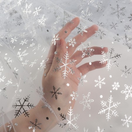 Fatin with snowflakes, with embossing, 155 cm, 11 ± 1 g/sq.m, 0.91 ± 0.1 m, white/silver color-4