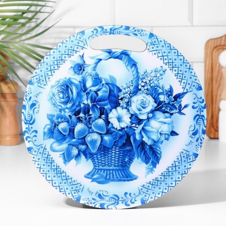 Board cutting and serving round kitchen "Gzhel painting", 25.5 cm-1