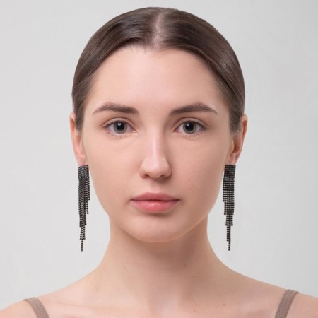 Hanging earrings with rhinestones "Waterfall" on a square, black color in silver, 11 cm-2