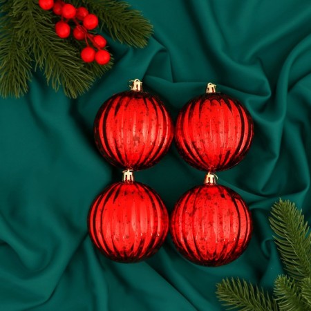Set of balls of plastic D-8 cm, 4 pcs "vintage" stripes, red