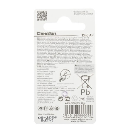 Battery zinc camelion, a13 (PR48) -6bl, for hearing aids, 1.45V, blister, 6 pcs.-3