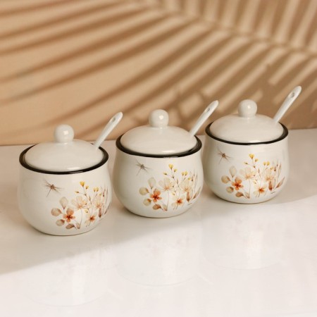 A set of ceramic cans for spices on a metal stand “Flowers”, 200 ml, 3 pcs, white color-3