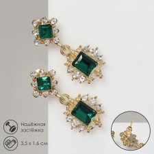 Earrings with “openwork” rhinestones duet, emerald color in gold