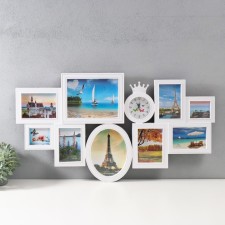 Multi -frame for 9 photos with a clock (13x18,10x10/2pcs, 10x15/3pcs, 20x25.15x20cm) plastic, col. white
