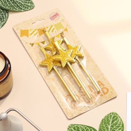 Set of candles for the cake, 4 pcs "Brilling stars", golden-3