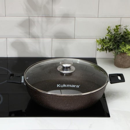 Stear, d = 30 cm, h = 8.5 cm, removable handles, glass cover, anti -stick coating, brown color-5