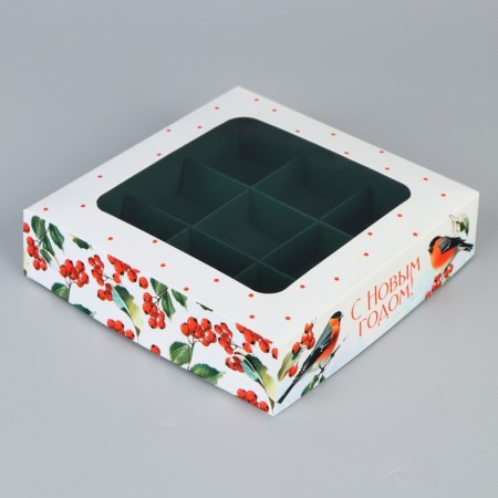 Box for sweets "Happy New Year", bullfinch, 14.7 x 14.7 x 3.5 cm, New Year-1