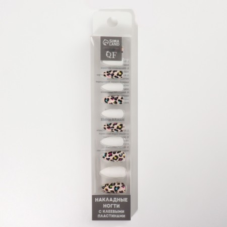Leo patch nails, 12 pcs, with glue plates, the shape of the almonds, white, beige-3
