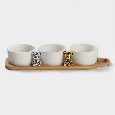 A set of ceramic saucers on a wooden stand “Stylish Bear”, 4 items: 3 saucers 120 ml, stand