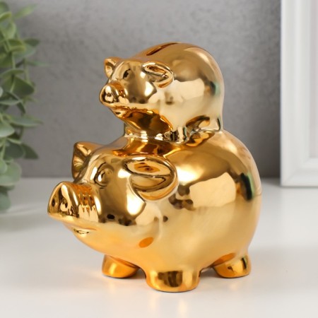 Pigger Ceramics "Two Golden Pigs - Pyramid" 12.5x8x14 cm-3