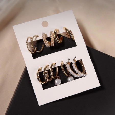 Road earrings set 6 pairs "pearl" with pendants, white color in gold-1