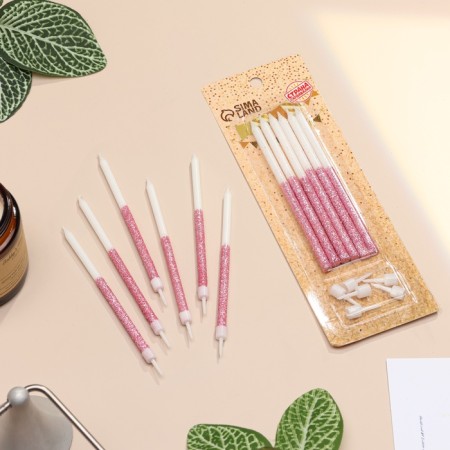 Candles for the cake "Brilliant radiance", 6 pcs, white with pink-1