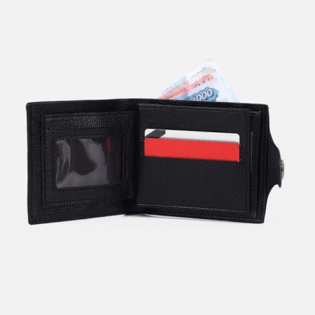 Male purse on a magnet, department for bills, for coins, for cards, black color-3