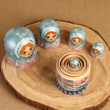 Nesting doll "Winter", Blue, 5 puppet, suite-15