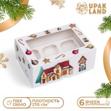 Упаковка на 6 капкейков с окном "Рождественский домик", 25 х 17 х 10 см