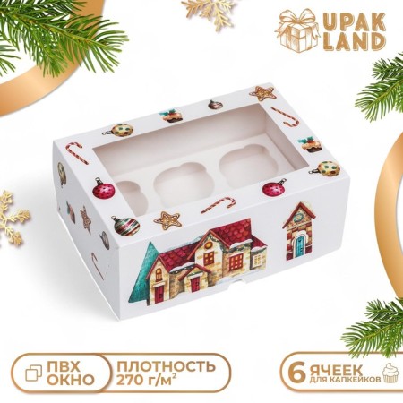 Packaging for 6 cupcakes with a window "Christmas House", 25 x 17 x 10 cm