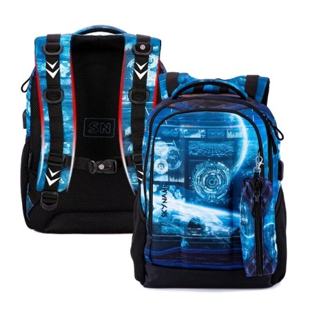 School backpack 38 x 27 x 16 cm, ergonomic back + pencil case, Skyname 57, black/blue, 57-43