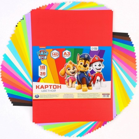 Cardboard tinted, A3, 36 sheets, 18 colors, moped, bilateral, in a package, 140 g/m², puppy patrol-2