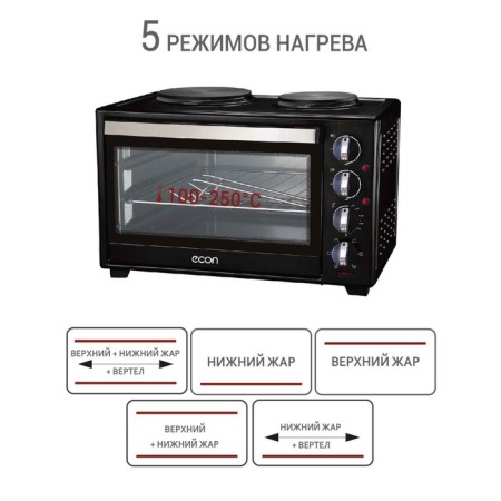 Мини-печь Econ ECO-GP3222MO, 700/1600 Вт, 2 конфорки, 32 л, 100-250°С, цвет чёрный-2