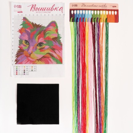 Cross -stitch on the black canvas "Multi -colored cat", a set for creativity, 25 x 25 cm-2