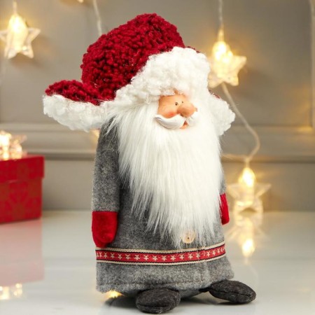 Interior doll "Grandfather Frost in a gray coat and red ear-ear-ear" 26x14x18 cm-1