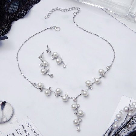 Set 2 objects: earrings, necklace "amazement" branch, white color in silver, 42cm-1