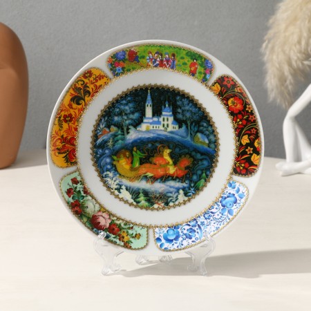 Decorative plate "Palekh miniature. Troika horses", wall, d = 20 cm, handmade